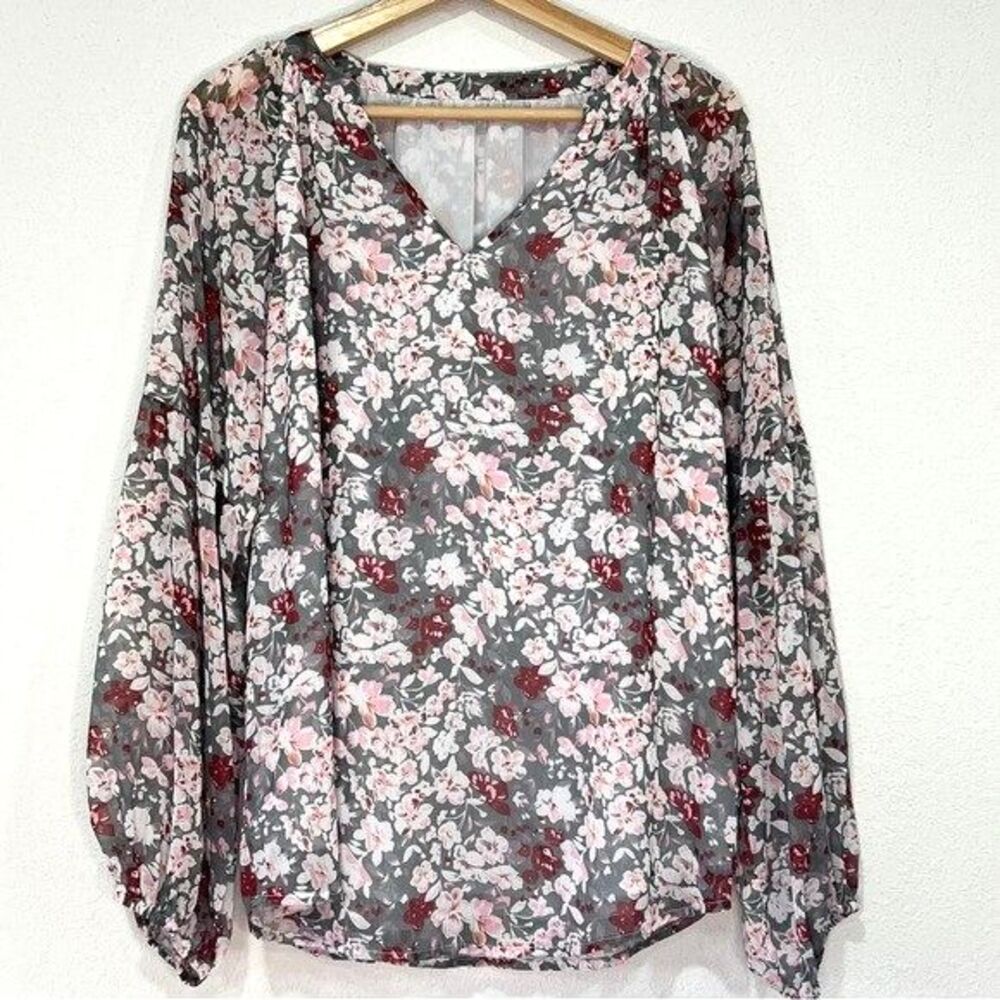 Womens Long Sleeve Grey and Pink Blouse Size Large